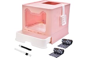 Panghuhu88 Foldable Cat Litter Box with Lid, Large Top Entry Cat Toilet, Enclosed Cat Potty Include Cat Litter Scoop, Drawer Type Easy Clean Cat Litter Pan (Pink, 20" L x 16" W x 15" H)