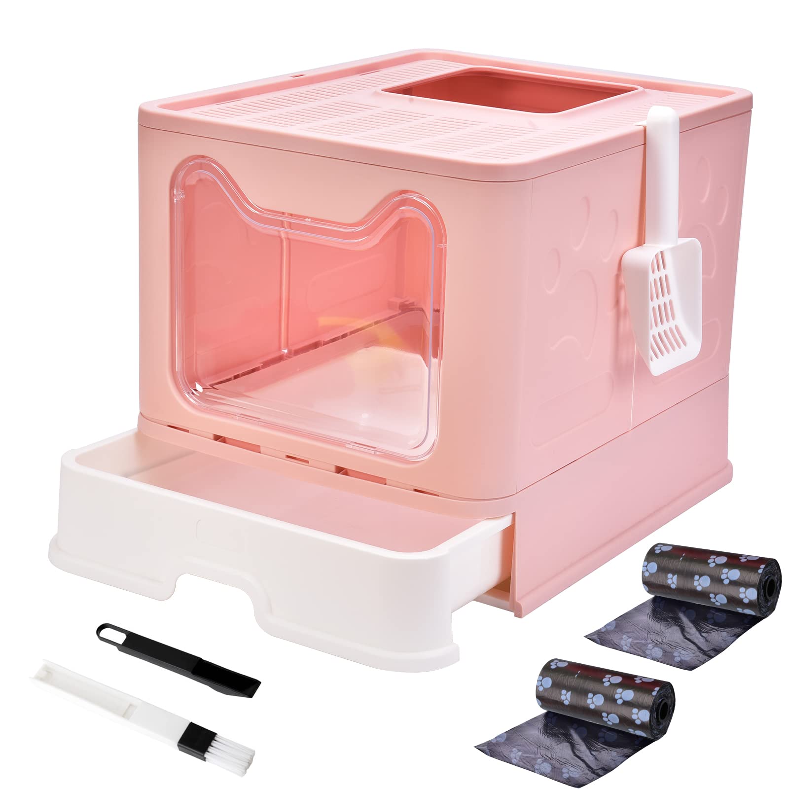 Photo 1 of Panghuhu88 Foldable Cat Litter Box with Lid, Large Top Entry Cat Toilet, Enclosed Cat Potty Include Cat Litter Scoop, Drawer Type Easy Clean Cat Litter Pan (Pink, 20" L x 16" W x 15" H)