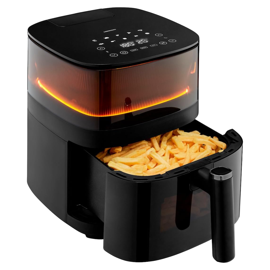 MEDION X10 XL Heißluftfritteuse MD11780 (5 Liter, Airfryer, innovative Wassersprühfunktion für krosse knusprige Speisen, 1.500 Watt, Sichtfenster, Schüttel Alarm,10 Automatikprogramme)