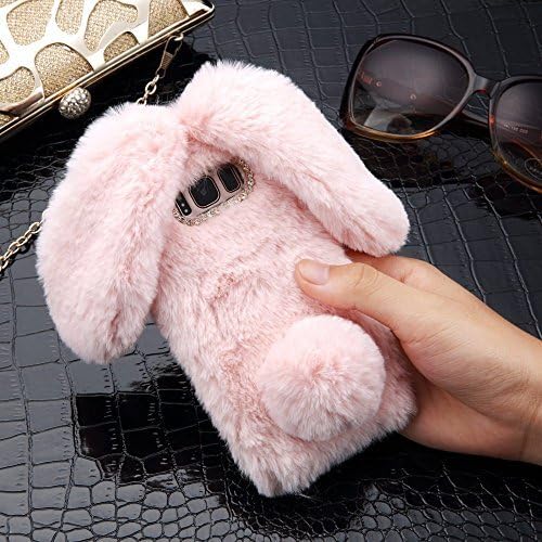 Rabbit Case for S7 Edge Cover, Galaxy S7 Edge Soft Case, Cute Bunny Ears Soft TPU Case Bling Silicone Case Fluffy Winter Case Protective Back Bumper Chic Plush Case Cover, Pink