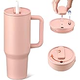 40oz Insulated Tumbler with 2-in-1 Lid and Straw, Bottom Detachable 2-in-1 Tumbler with Handle Stainless Steel Water Bottle Reusable Coffee Tumbler Travel Mug Wide Mouth Thermal Cup (Magnetic-Pink)