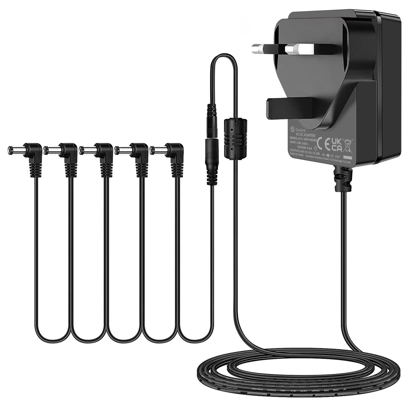 Gonine 9V 1.5A Guitar Effects Pedal Adapter Power Supply Cord with Cable 5 Way Daisy Chain Cord, Center Negative, Extended Length Cable