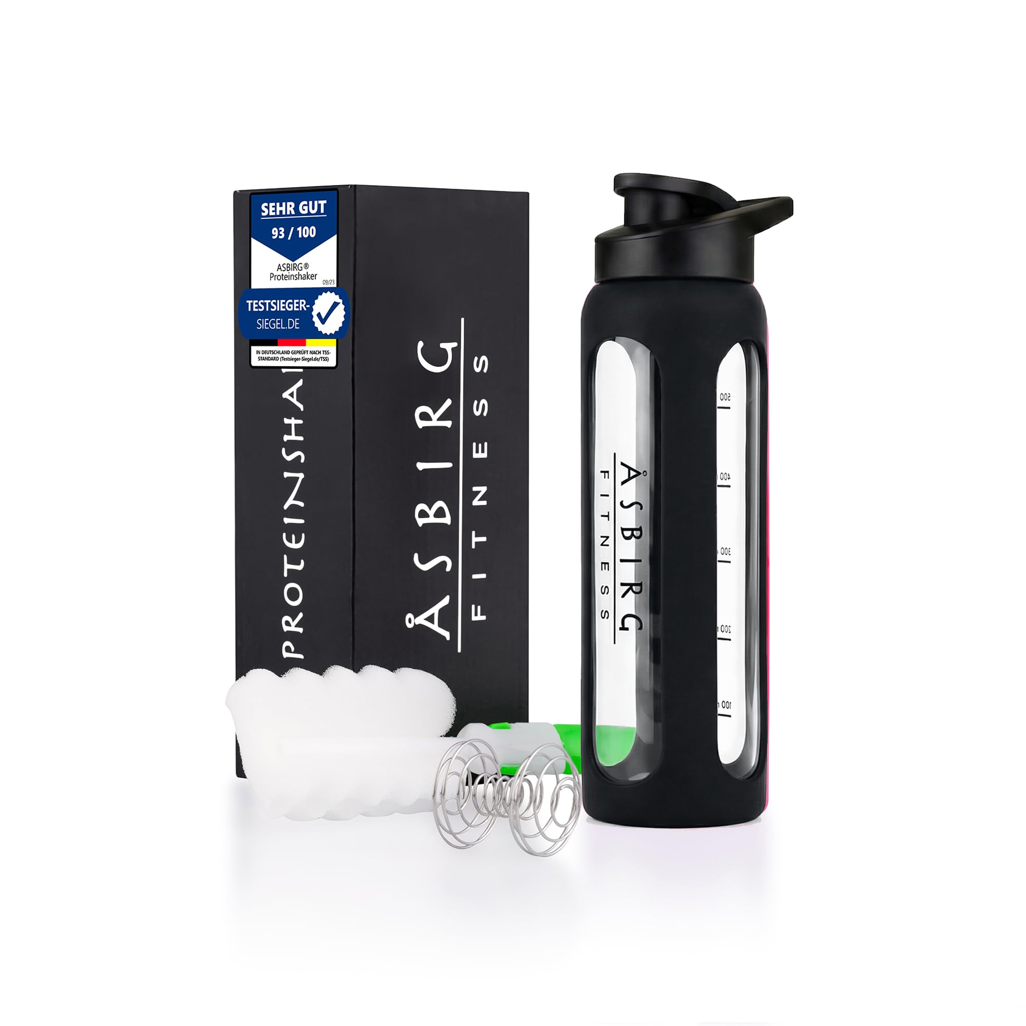 Asbirg Glass Protein Shaker Bottle 700ml – Leakproof & BPA-Free – Borosilicate Glass Gym Shaker with Spiral Mixing Ball for Smooth Protein Shakes, Smoothies, Meal Replacement & Fitness - Black