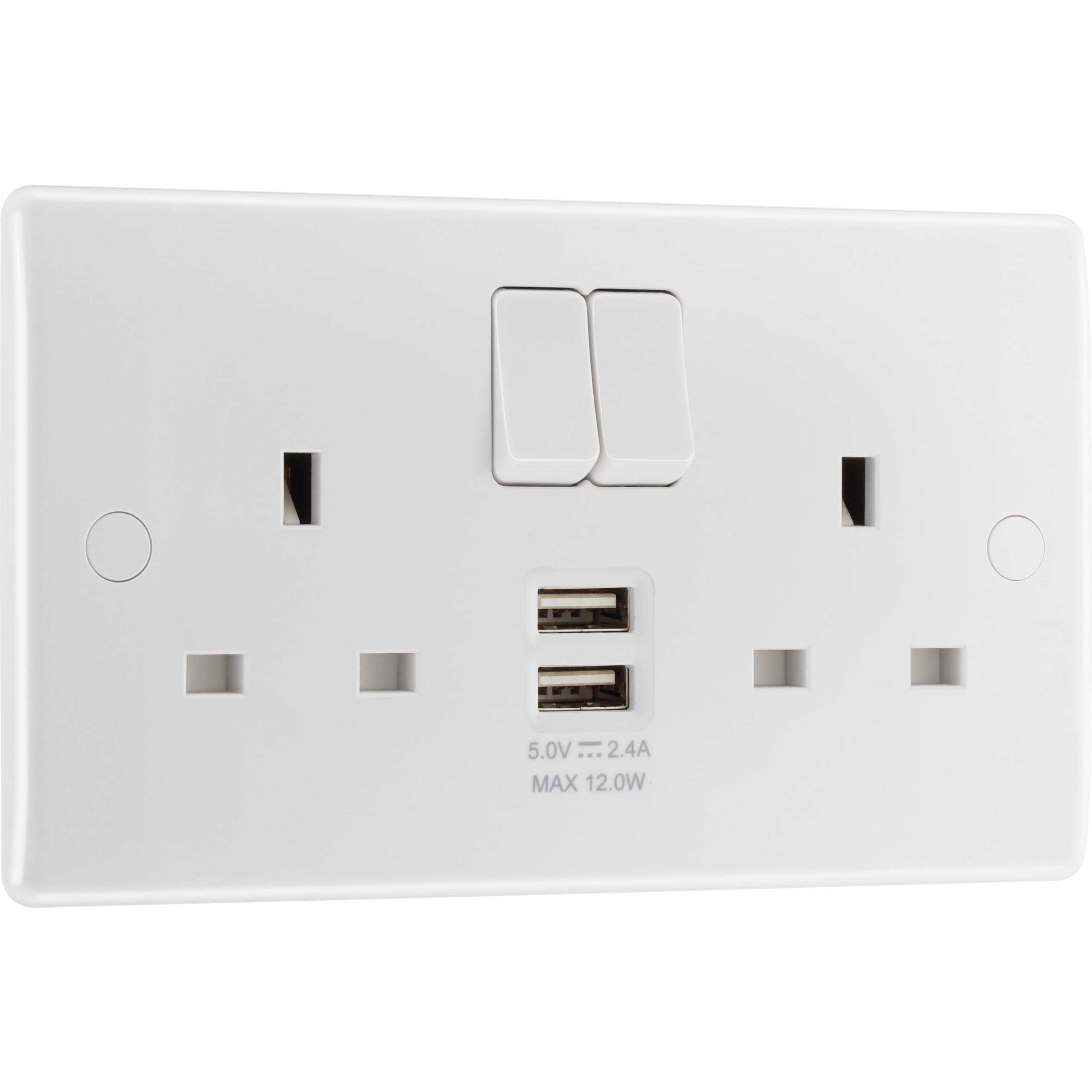 BG Electrical 12W Double Switched Power Wall Plug Socket with Two Type A USB Charging Ports, Round Edge, Nexus 800 Series, White Moulded, 13A, 822UAA12