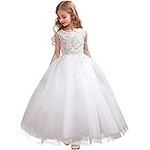 Fancy Sequin Beaded Girls Pageant Ball Gown Lace V Back Flower Girl Dress for Wedding