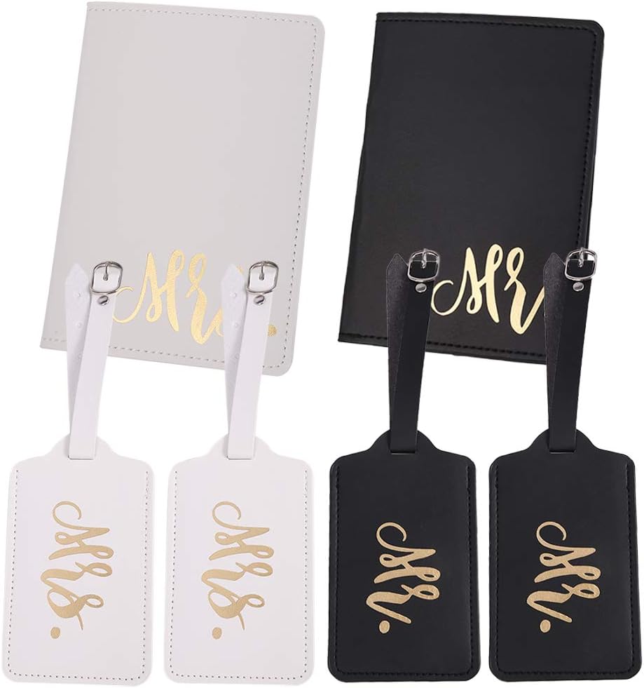  | DaveandAthena 4 Pieces Mr and Mrs Bridal Luggage Tags and 2 Pieces Passport Covers, Mr Mrs Honeymoon Leather Travel Luggage Tags Passport Cover for Couples Wedding Bridal Shower Gift | Passport Covers