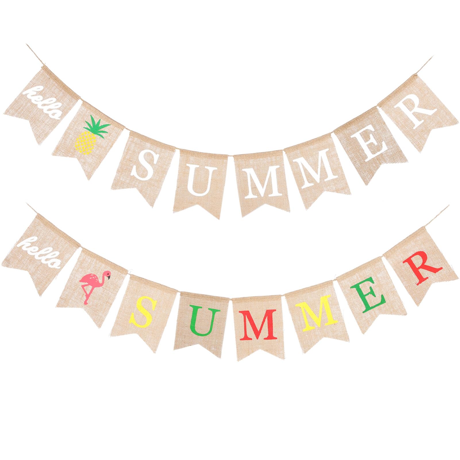 Amosfun 2pcs Summer Burlap Banner Hello Summer Bunting Banner for Summer Beach Luau Hawaii Tropical Party Decoration