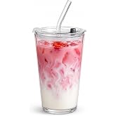 Olvini 15oz Glass Tumbler with Straw and Lid, Cute Iced Coffee Cups, Aesthetic Glass Cups, Coffee Tumbler, Water Cup, Matcha Cup, Drinking Glasses (Clear)
