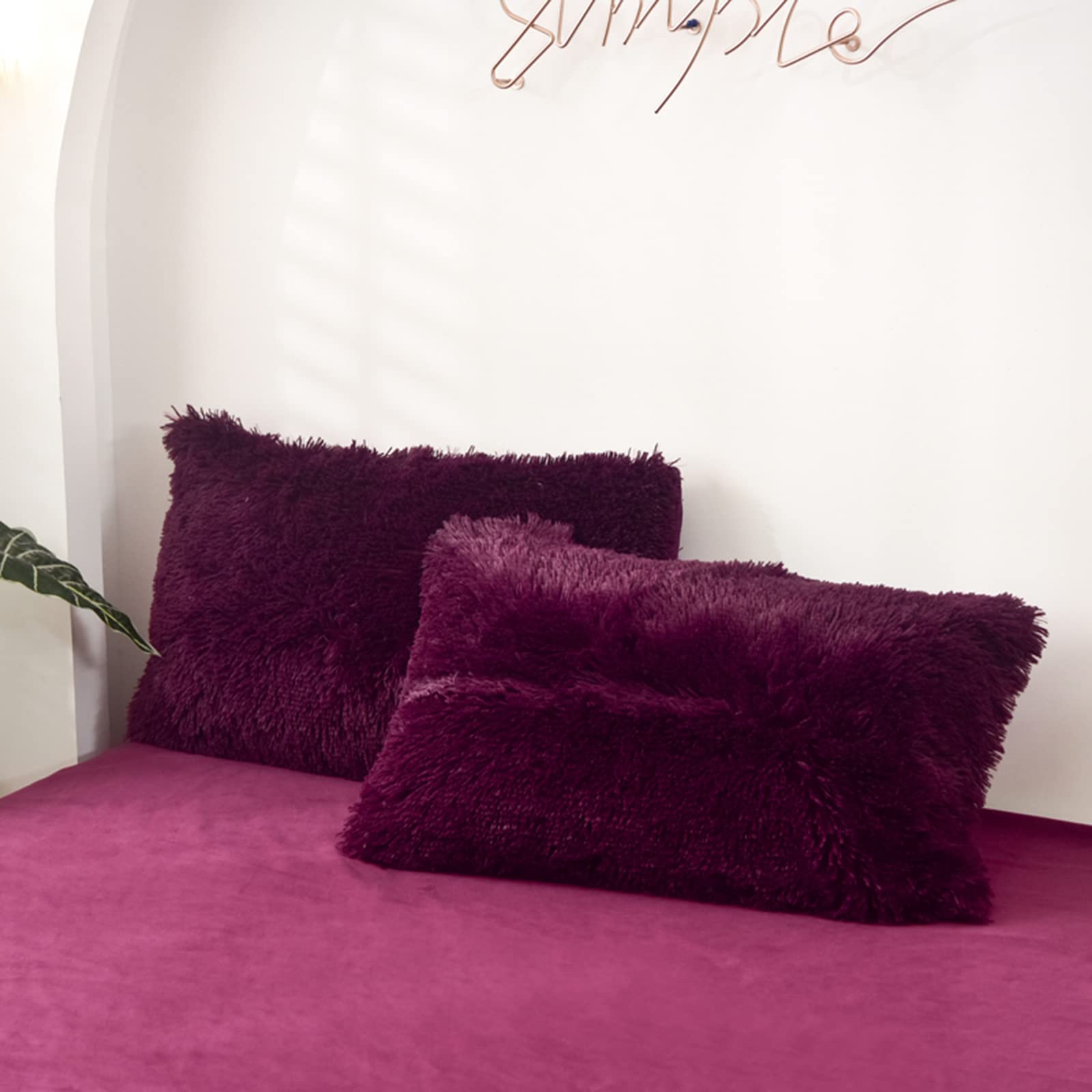 Photo 1 of MorroMorn Decorative Pillows Covers, 2 Packs Faux Fur Pillow Cases Standard Size, Luxury Shaggy Throw Pillowcase Cushion Shams with Zipper Room Decor for Couch Sofa Bed Soft (Maroon, Standard)