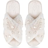Jiuguva Bride Slippers for Wedding Pearl Bride Slippers for Women Valentine Fuzzy Bridesmaid for Bachelorette