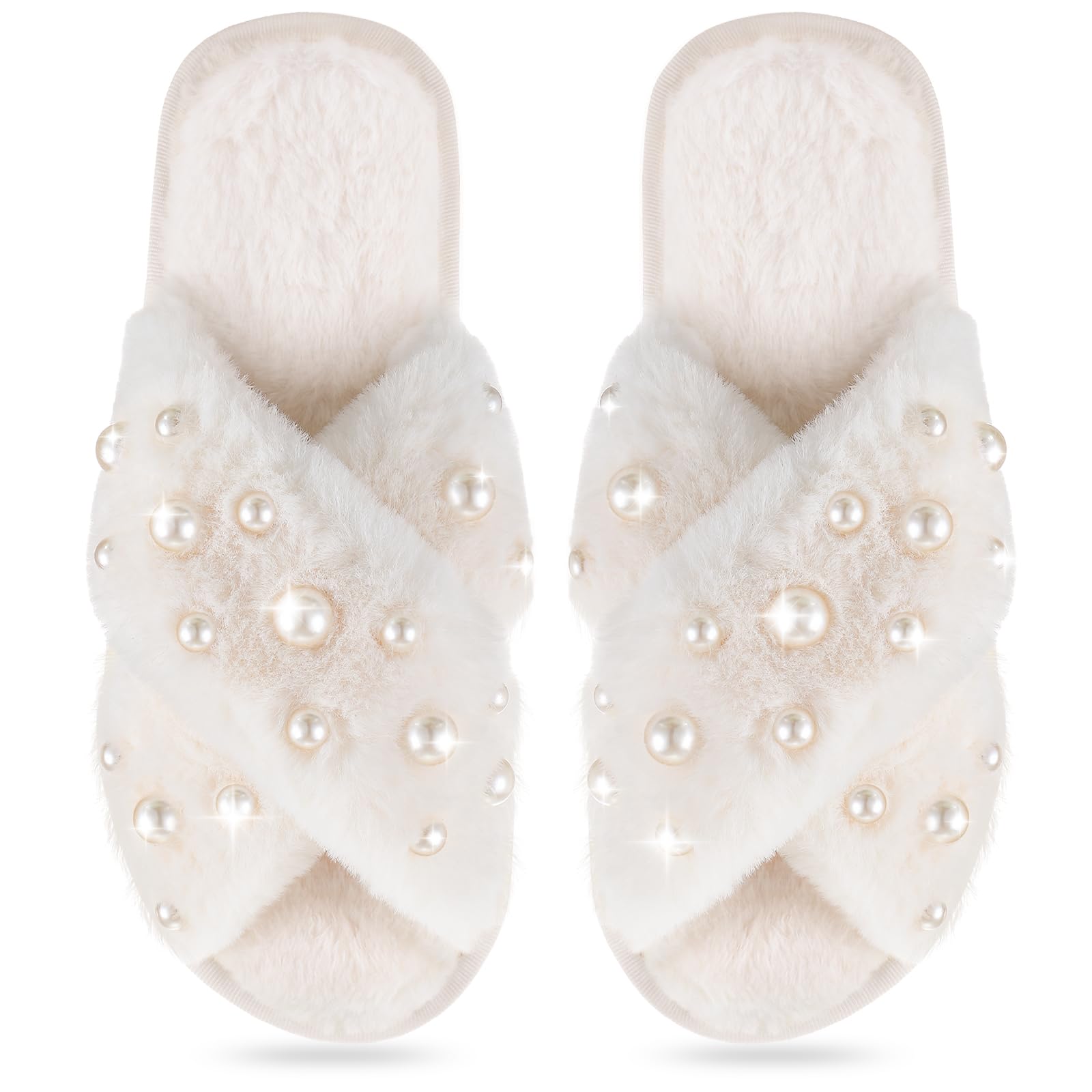 Photo 1 of **SLIGHTLY DIRTY** Jiuguva Bride & Bridesmaid Slippers - Pearl Embellished Women's Fuzzy Plush Furry Slippers for Wedding & Bachelorette (White,5-6)