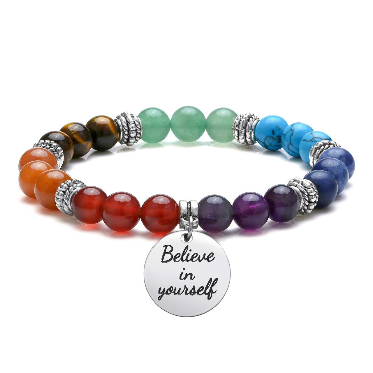 JSDDE Chakra Crystal Bead Bracelet 7 Chakras Healing Gemstone Bracelet Yoga Stone Meditation Bracelets with Text Charm - Believe in Yourself