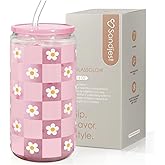 SANDJEST Checkerboard Daisies Glass Can, Floral Checker Cup with Lid & Straw, Iced Coffee Aesthetic Cups, Gift for Christmas Birthday Mother Day, Gifts for Women, 16oz