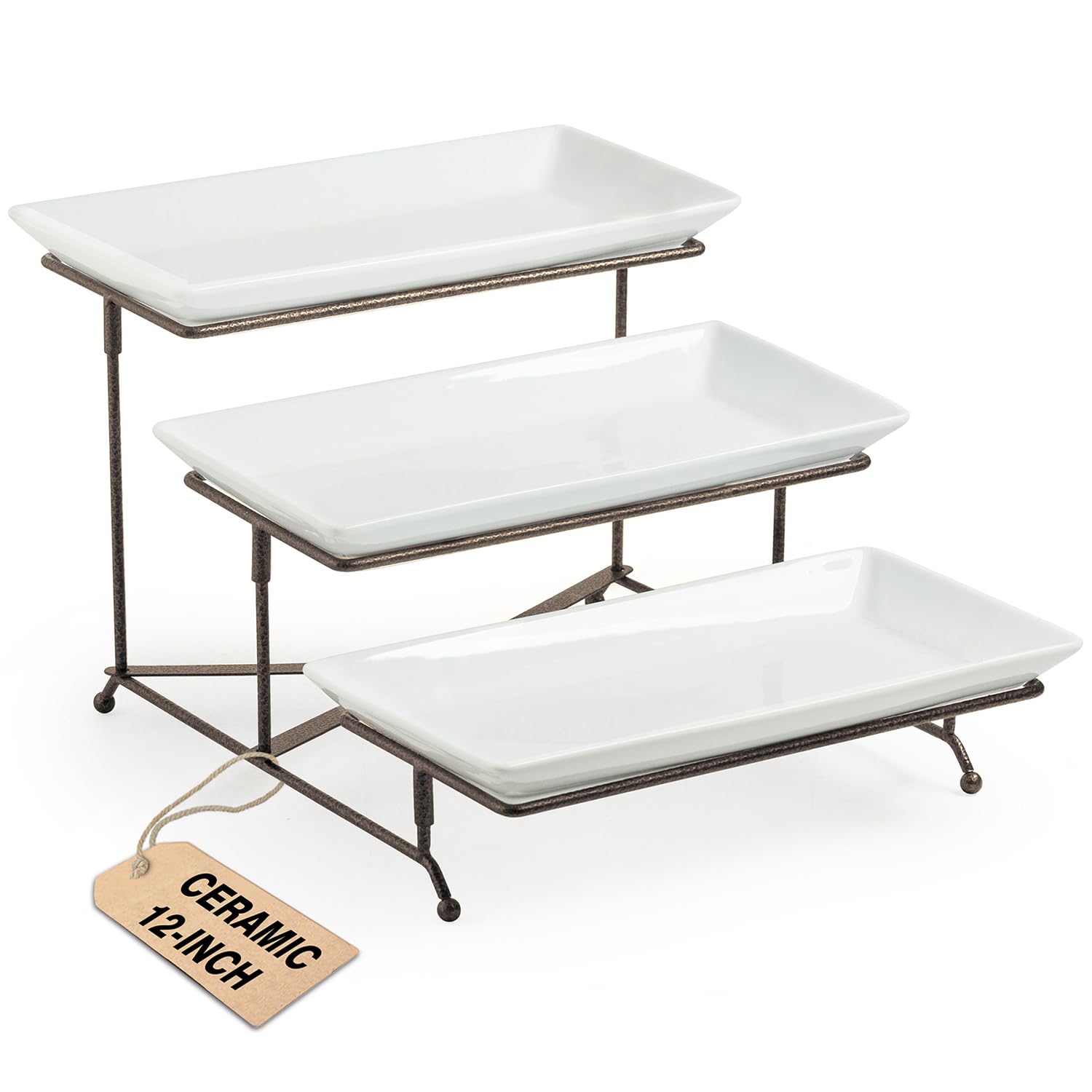 Photo 1 of LAUCHUH 3 Tier Serving Tray for Party, Porcelain Tiered Serving Tray Stand Collapsible Sturdier Metal Rack Fruit Tray with 2 Cross Bars for Mother's Day Dessert Party Display Set, 12 Inch, Bronze