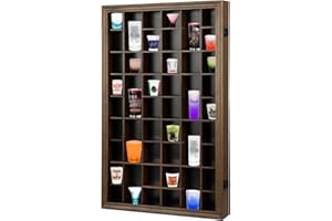 Odjaraye Shot Glass Display Case, 46 Shot Glass Holder Display Case for Wall, Shot Glass Rack Organizer Display Cabinet Lockable with 98% UV Protection Acrylic Door and Removable Shelf, Walnut