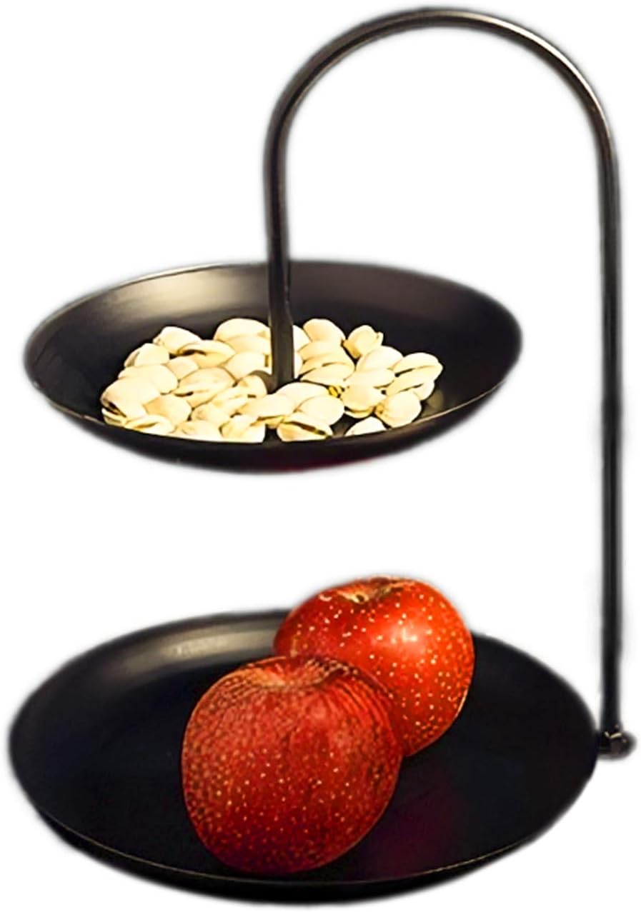 Double Tier Tray Fruit Basket Rack Stand Holder for Kitchen Vegetables Snacks Candy Organizer Cosmetic Serving Decorative Jewelry Metal Food Home Storage Centerpiece (Black)