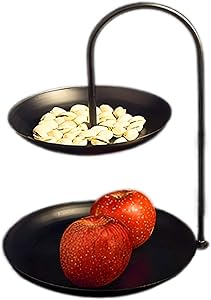 Double Tier Tray Fruit Basket Rack Stand Holder for Kitchen Vegetables Snacks Candy Organizer Cosmetic Serving Decorative Jewelry Metal Food Home Storage Centerpiece (Black)