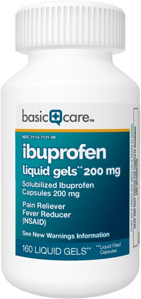  Basic Care Ibuprofen Liquid Gels 200 mg, Pain Reliever/Fever Reducer (Liquid Filled Capsules), 160 Count: Health & Personal Care