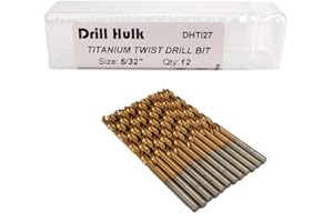DRILL HULK Pack of 12, 5/32-Inch Titanium Nitride Coated Drill Bit, Premium M2 High Speed Steel, Jobber Length, for Metal, Plastic, Wood