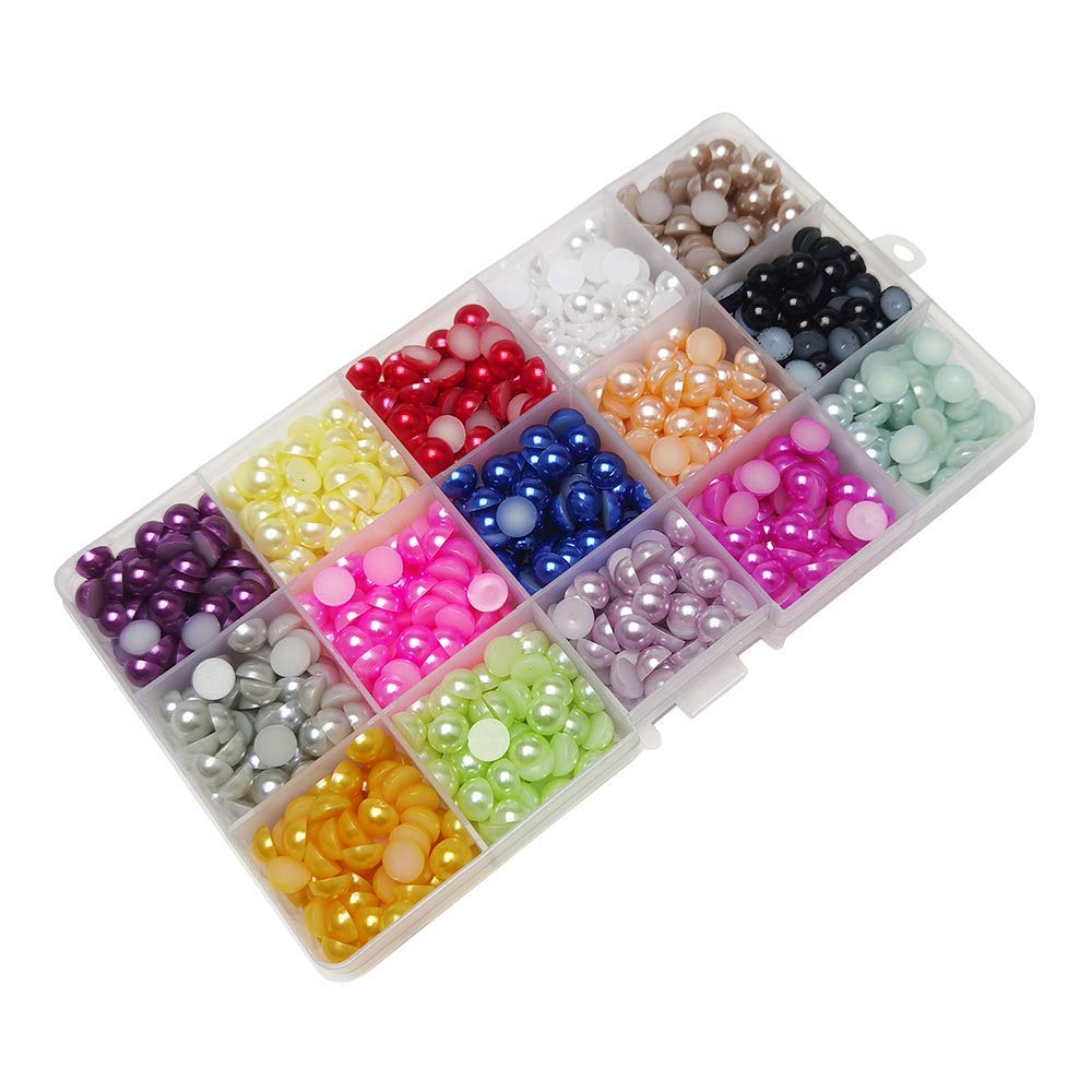 Chenkou Craft 900pcs Assorted 15 Colors 8mm immitaton Half Pearl Bead Flat Back Gem Scrapbook Craft DIY Beads Nail Art+ Plastic Box (Mix, 8mm)