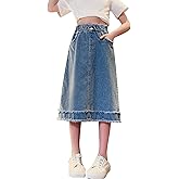 Girl’s Denim Skirt Casual Midi Knee Length Skirts with Pockets 5 to 14 Y Kids Elastic High Waist A Line Jean Dress