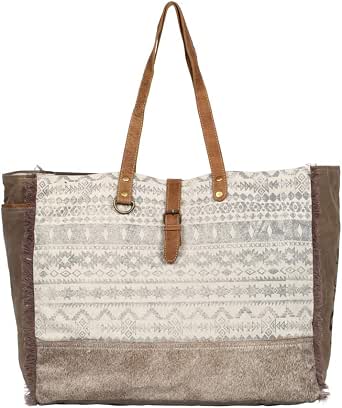 Myra Upcycled Canvas & Cowhide Leather Weekender Bag – Unique Eco-Friendly Travel Tote S-1275 - View #7