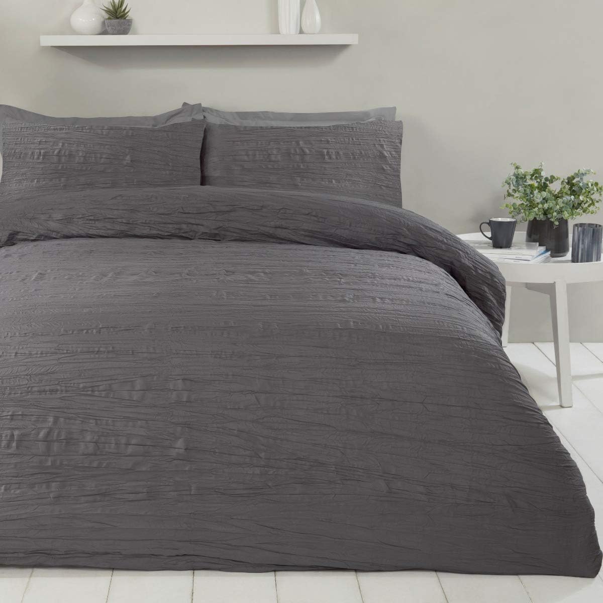 Sleepdown Super Soft Textured Crinkle Charcoal Grey Duvet Cover Quilt Bedding Set with