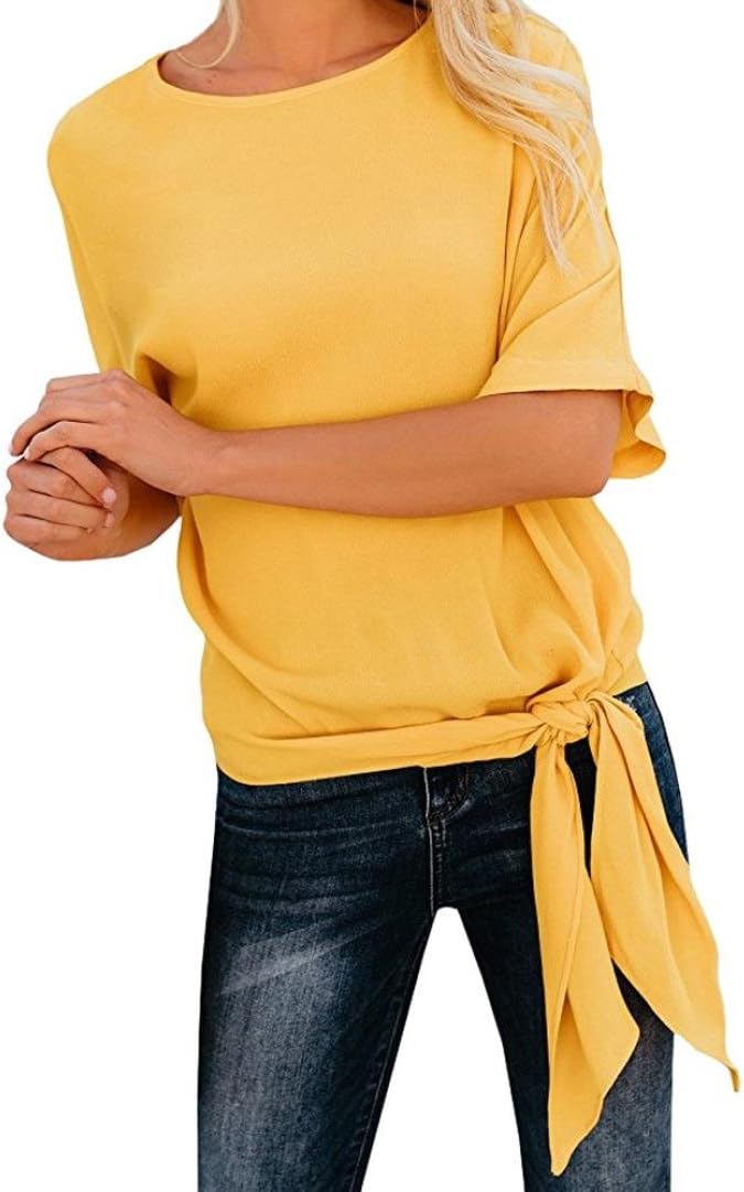 UONQD Woman Womens Casual Basic Knot Tie Front Loose Fit Half Sleeve Tee Top T-Shirt Blouse