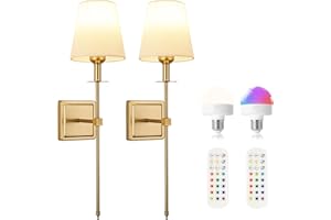Battery Operated Wall Sconce Set of 2 - Gold Wireless Wall Lights with Remote Control, Rechargeable LED Wall Lamps with Linen