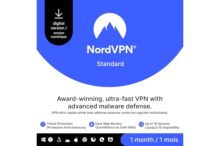 NordVPN Standard, 10 Devices, 1-Month, VPN & Cybersecurity, Digital Code