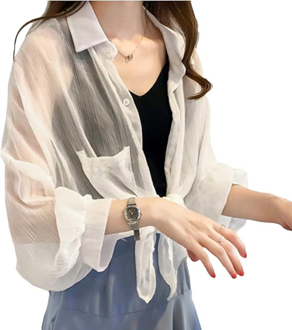 Amazon Mioim シャツカーディガン レディース 透け感 とろみ シャツ シフォン シースルー ゆったり トップス レディース ストライプ 無地 薄手 長袖 オフィス カジュアル 日焼け 冷房対策 カーディガン ボレロ 通販