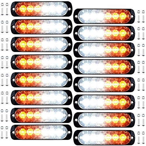 16pcs 6-LED White Amber Surface Mount Emergency Warning Beacon Flash Caution Construction Strobe Light Bar 16 Flashing for Car SUV Pickup Truck Trailer Van RV