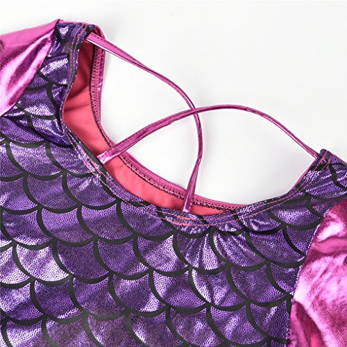 Girls Long Sleeve Fish Scale Back Cross Strap Metallic Athletic Dance Gymnastics Leotard Bodysuit Outfit Pink & Purple Size 10