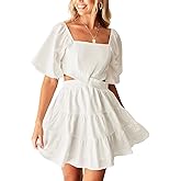 Senllen Womens Summer Dresses 2025 Short-Sleeve Square Neck Mini Dress Crossover Elastic Waist Casual Party Tiered Dress