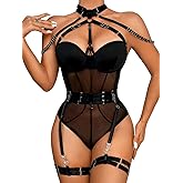 Kaei&Shi Underwire Sexy Top, Snap Crotch, Strappy, Choker, Leg Band,3Pc Bodysuit