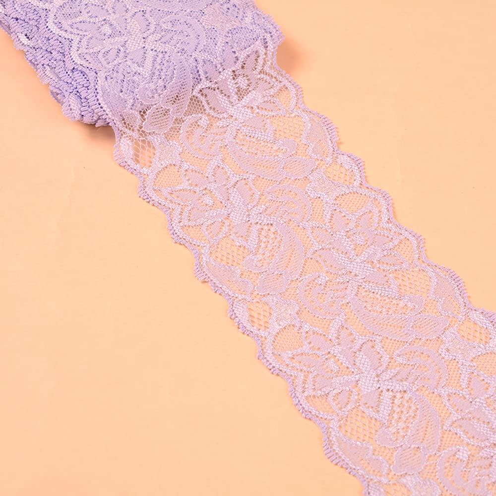 3 Yards Elasticity Lace Border Lace Ribbon, 8 cm Wide Colourful Lace Flowers Border Decorative Ribbon Lace Fabric Lace Trim for Sewing DIY Craft Clothing Underwear Light Purple
