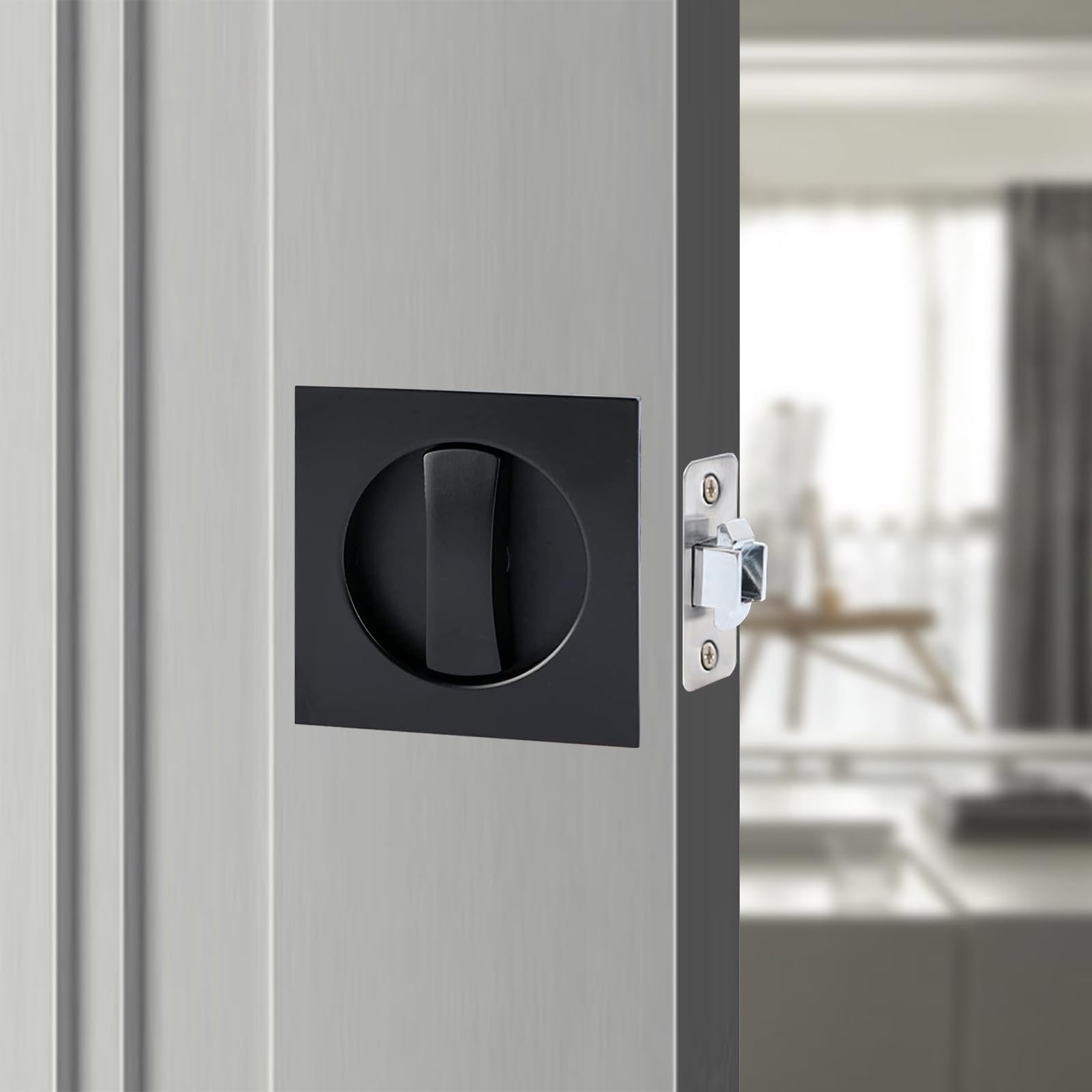 Hoconnie Pocket Door Lock Privacy Pocket Door Handle Sliding Door Lock Invisible Recessed Door Handle 66mm No Key (Black, Square)