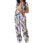 Xinlees Women‘s Elegant Jumpsuits Casual Short Sleeve Fashion Print Long Pants Rompers Straight Club Outfits