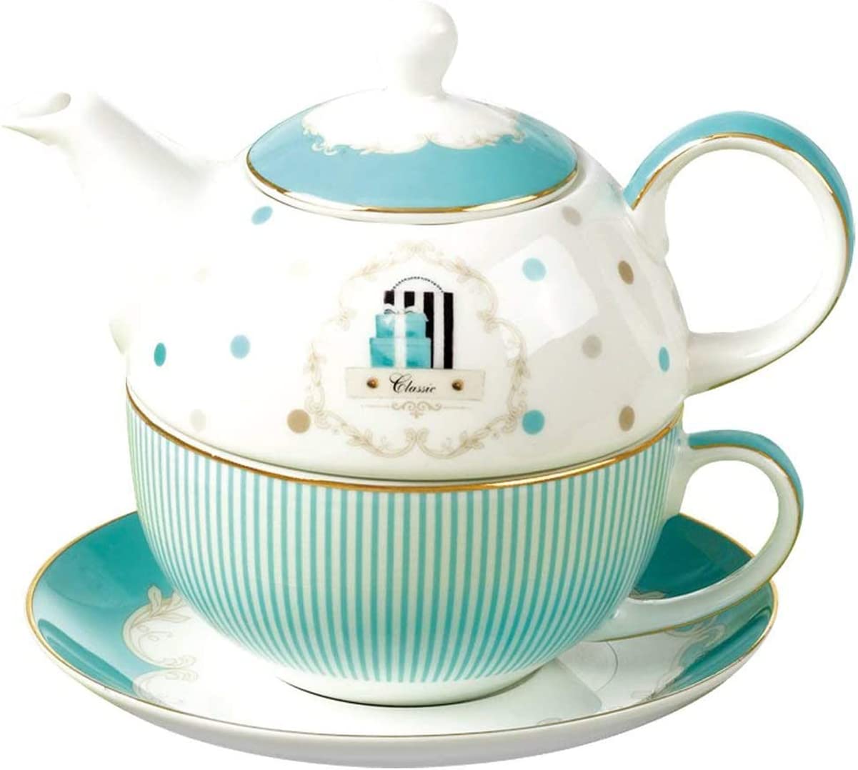 Eplze YBK Tech Euro Style Bone China Tea for One, Teapot and Cup Set for Home Kitchen Afternoon Tea (Blue Stripe)