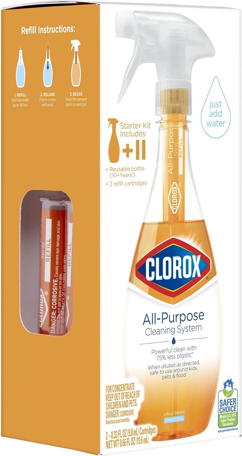 Clorox All-Purpose Cleaning System with one Reusable Spray Bottle Plus 2 Refill Cartridges Citrus Blend Scent (Package May Vary), 3 Piece Set: Health & Personal Care
