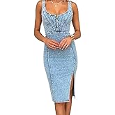 utcoco Denim Dress for Women Sleeveless Side Slit Bodycon Midi Jean Dresses for Women 2025
