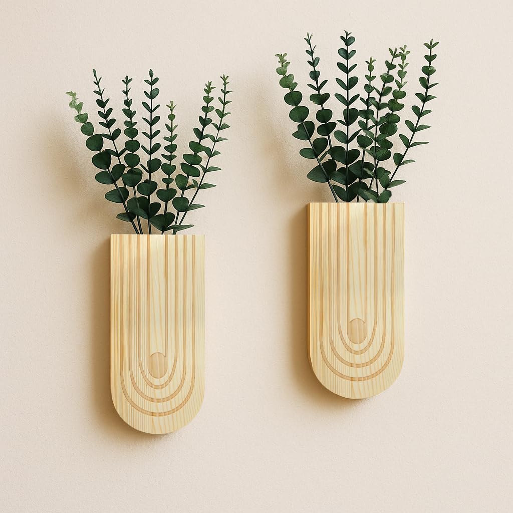 View 1 of 2 Pack Boho Wood Wall Planter with Faux Eucalyptus Plants | Modern Farmhouse Wall Art Decor for Living Room, Bedroom, Entryway | Hanging Flower Holder