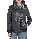 STREGA Womens leather jacket Lambskin Bomber Jacket-detachable snow top faux fur collar Black Leather jacket women.