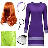 YYwwLX Halloween Purple Costume Women Long Sleeves Mini Dress Scarf Wigs Headband Magnifier for Classic Movie Cosplay Mini Scooby