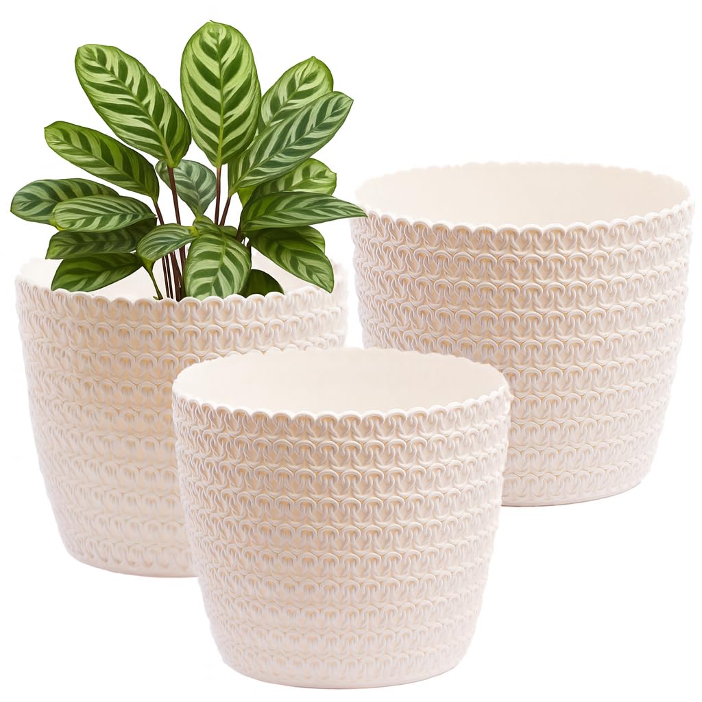 Home Garden Ornaments Plant Pots Indoor – Set of 3 Plastic Planters with Woven Effect Texture Without Drainage Holes (Cream, 14 cm / 5.5 inch)