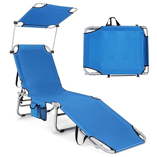 GYMAX Tanning Chair, Beach Lounge Chair with Canopy Sunshade, Carry Handle  Pocket, Level Adjustable Layout Chaise Lounge for Outside, Folding