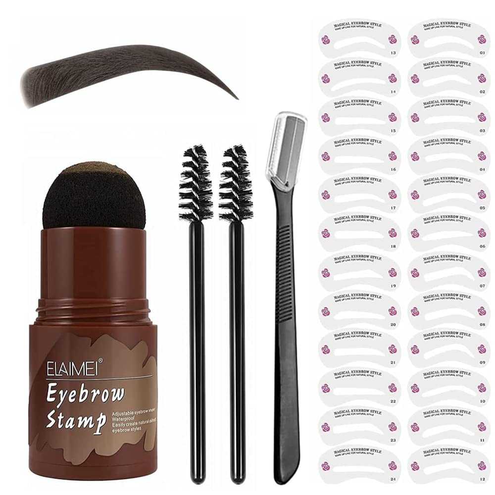 Eyebrow Stamp Waterproof, Brow Stamp Shaping Kit Eyebrow Definer,Long Lasting Eyebrow Makeup Tools with 24 Reusable Eyebrow Stencil,2 Eyebrow Brushes and Eyebrow Trimmer(Medium Brown)