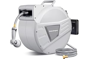 POLARCOFORGECO 5/8" x 100ft Retractable Garden Hose Reel, Wall-Mounted with 10-Function Spray Nozzle, Any-Length Lock, UV Resistant, Automatic Rewind & 180°Swivel