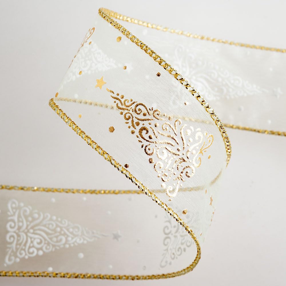 Italian Options Cream/Gold Organza Ribbon with Christmas Tree Print, Luxury, Wired Christmas Ribbon for Gift Wrapping, Crafts, Wreaths, Tree Decorations, Cream, Gold Foil, 38 mm x 10 Metre Roll — image 1