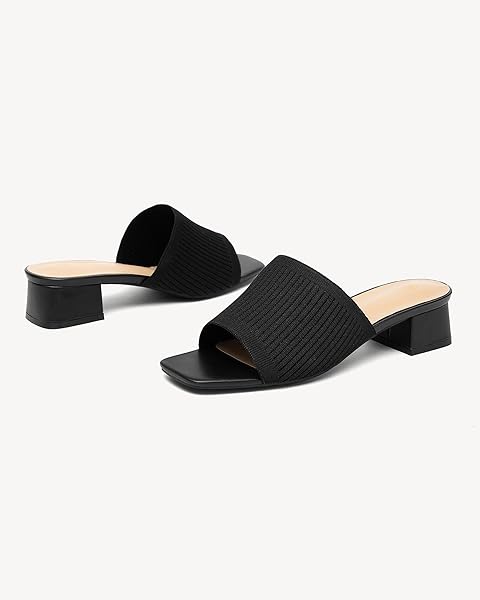 NEWBELLA WOMEN’S KNIT SQUARE TOE MULE SANDALS – CHUNKY HEEL SLIP-ON SUMMER SHOES, COMFORTABLE CASUAL SLIDES FOR VACATION & BEACH, BLACK 8
